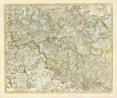 "Archiepiscopatus et Electoratus Moguntini et Adjacentum Regionum, et Landgraviatum...."  Copper engraving map by F. de Wit in the Composite Atlas by Covens and Mortier published from 1721-41. Reverse side is not printed.  The map extends from Wetzlar in the north to Speyer (Spier) in the south.  In the upper left is part of the Rhine and Coblentz. In the lower right are the Laxt and Kocher Rivers.