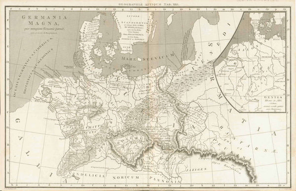 "Germania Magna qua nunquam Romanis paruit"  Copper etching by Cooper after the drawing by W.W. Macpherson  Published in London, dated 1806  Map showing the area of "Germania" which never succumbed to the Roman Empire  With a side map (upper right) of tribes in the 6th century between the rivers Rhine and Elbe  Map naming and positioning various peoples and tribes in Germany