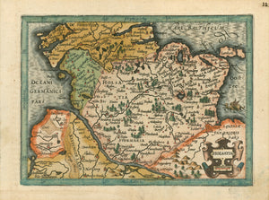 "Holsatia" - Deutschland  Original antique print   Original handsomely hand-colored copper etching  Published in the "pocket atlas"  Published by Hondius after Mercator  Amsterdam, 1609  On the reverse side is text in Latin about Holstein.  Beautiful map of the northernmost province of Germany.