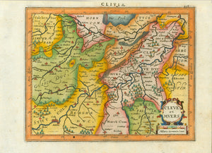 "Clivia - Cleve et Muers" - Deutschland  Original antique print    Herzogtum (Dutchy of) Cleve and Grafschaft (County of) Moers  Hand-colored copper etching  Published in the pocket atlas  Publisher Janssonius based on Mercator  Amsterdam, 1648  The geographical area between the rivers Rhine, Main and Ruhr  On the reverse side is text in Latin titled "Leodiensis Diocesis".