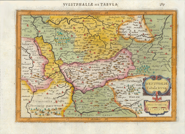 "Westphaliae Tabula tertia"  Deutschland, Westfalen  Original antique print    Hand-colored copper etching  Published in the pocket atlas  Publisher Janssonius based on Mercator  Amsterdam, 1648  On the reverse side is text in Latin about Westfalia.  The geographical area between the rivers Rhine, Main and Ruhr