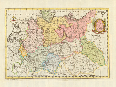 "The North Part of Germany"  Original antique print   Hand-colored copper etching by John Gibson (active between ca 1750- ca 1790)  Quite attractive and very pleasantly hand-colored map of Northern Germany. A rather rare projection with a decorative title cartouche. Deutschland, Norddeutschland 
