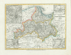 "Provinz West-Preussen 1853". Steel etching from "Neuster Zeitungs Atlas. Alter und Neuer Erdkunde" by J. Meyer. Original outline coloring. Published 1859.  Map shows the area of West Prussia as it was in 1853. In the upper left corner is a detailed inset of Danzig and surrounding area. In the lower left is an inset showing Elbing and surroundings. In the upper right is a plan of Thorn and surrounding area and in the lower right an inset of Marienwerder.  Original antique print , Prussia