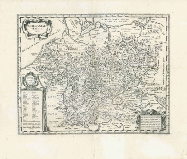 "Germaniae veteris typus"  Copper etching by Jacobo Monavio (Jacob Monau 1546 Breslau - Breslau 1603)  Etched for Abraham Ortelius  Published by Willem Blaeu  Amsterdam, 1645. Place names  They derive partially from latinized Celtic origin or were given by the Romans during their long imperial rule. Map reaches from the Baltic Sea to the Adriatic Sea and from  the Netherlands to Vistula river and Romania.
