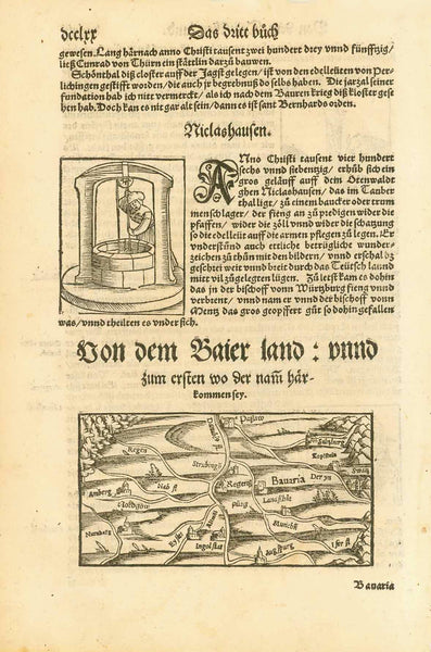 "Von dem Baier land: unnd zum ersten wo der nam haerkommen sey"  Small east-oriented map of Bavaria.   Woodcut.  Published in "Cosmographia"  By Sebastian Muenster (1488-1552)  Published in Basel, 1553  Original antique print    For a 30% discount enter MAPS30 at chekout 