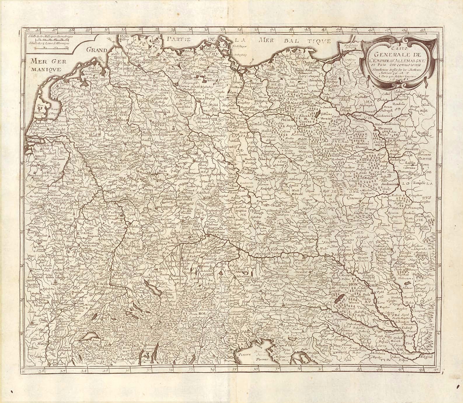 Karte, antik, Deutschland, "Carte generale de l Empire d Allemaigne et Pais circonvoisins"  Copper engraving map by M. Tavernie. Pubished at Pierre Davity, Paris, 1661  Engravings from topographic works by Davity are very rare!  Original antique print  