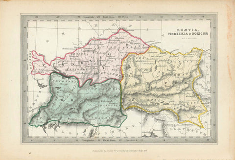"Rhaetia, Vindelicia et Noricum"  Rare copper engraving map by Joshua Archer (1792-1863) Published by the Society for Promoting Christian Knowledge in 1847. Very attractive original hand coloring. Historical names (Latin-Celtic) of places and peoples. The upper outline of the map is the Danube River. On the upper right is Vienna. In the lower left is Lake Como, In the lower right is Aquilea and a tiny bit of the Adriatic Sea.