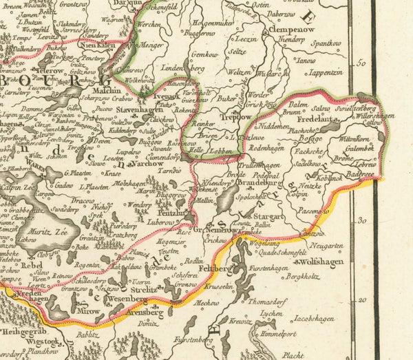 "Cercle de Basse Saxe ou sont distingues les Etats de Brunswich, Les Duches de Holstein, de Mecklenbug..."  Niedersachsen, Lower Saxony, Basse Saxe, Braunschweig, Holstein, Mecklenburg  Copper engraving map by Robert Gilles de Vaugondy (1688-1766).  Published in Paris 1752. Original hand-utline coloring.  Original antique print    For a 30% discount enter MAPS30 at chekout 