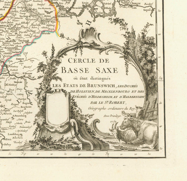 "Cercle de Basse Saxe ou sont distingues les Etats de Brunswich, Les Duches de Holstein, de Mecklenbug..."  Niedersachsen, Lower Saxony, Basse Saxe, Braunschweig, Holstein, Mecklenburg  Copper engraving map by Robert Gilles de Vaugondy (1688-1766).  Published in Paris 1752. Original hand-utline coloring.  Original antique print    For a 30% discount enter MAPS30 at chekout 