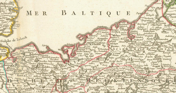 "Cercle de Basse Saxe ou sont distingues les Etats de Brunswich, Les Duches de Holstein, de Mecklenbug..."  Niedersachsen, Lower Saxony, Basse Saxe, Braunschweig, Holstein, Mecklenburg  Copper engraving map by Robert Gilles de Vaugondy (1688-1766).  Published in Paris 1752. Original hand-utline coloring.  Original antique print    For a 30% discount enter MAPS30 at chekout 