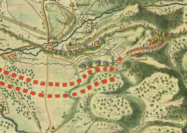 "Partie Occiendentalis Du Marquisat de Bade située Entree le Rhyn Stolhoffen Oberbul et le Montagnes de Swartewalt"  Hand-colored copper etching by Pierre Husson.  This map was published as a single sheet map, not bound in an atlas.  Title and explanatory cartouche is held by a lion and an eagle. The lion is the Royal Dutch Lion, the Eagle  Den Haag, The Netherlands, 1703  For a 30% discount enter MAPS30 at chekout 