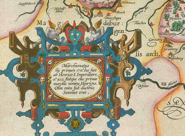 "Brandeburgensis Marchae Descriptio" Hand-colored copper engraving. For a 30% discount enter MAPS30 at chekout Published in "Theatrum Orbis Terrarum" by Abraham Ortelius (1527-1598) Verso: Text in Latin Antwerp, 1588 Very good condition. Beautiful exemplar! interior design, gift ideas, vintage, decoration