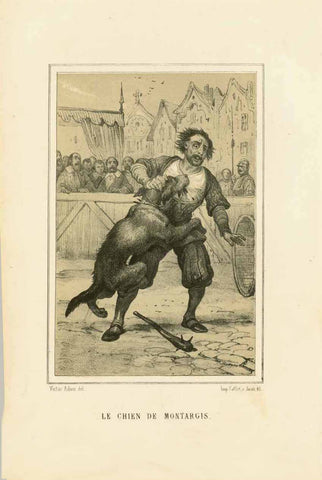 "Le Chien de Montargis"  This title comes from the famous French legend that tells  about the loyalty of a dog to its owner. There are plays and novels that are based on this famous story all over the world.  This is a toned lithograph after the artis Victor Adam. It was  Published 1884.