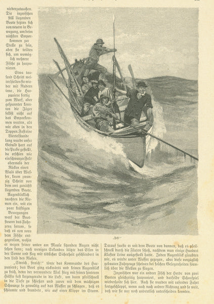 "Hochjagd auf dem Ozean" (high hunting on the ocean)  Four pages of an article by Reinhold Werner with 8 wood engraving images.  Published 1893. Both sides of each page tell about the early days of whaling in various parts of the world.
