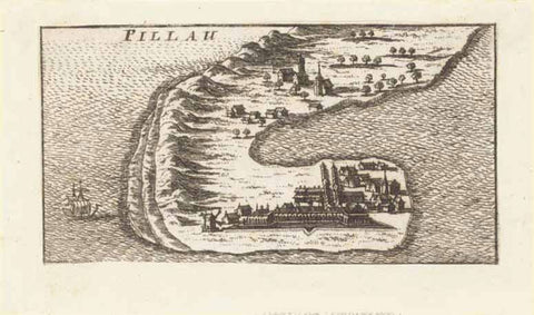 "Pillau" (earlier East Prussia - now Russia)  Copper engraving published ca 1680. Anonymous. Rare. The print is trimmed to the edges and mounted on sturdy paper.#Baltiysk #Балти́йск #Piława #Piliava #Pilave #seaport #Baltiysky #Kaliningrad #Vistula #Vistula #Lagoon #Gdańsk