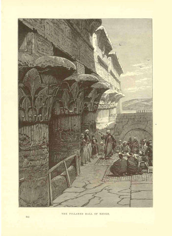"The Pillared Hall of Ezneh"  Wood engraving 1895. On the reverse side is text about excavations in Egypt.