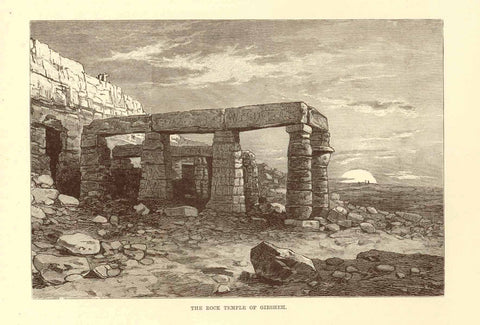 "The Rock Temple of Girsheh"  Wood engraving 1895 on a page of text about Egypt that continues on the reverse side where there is an image of Queen Nefertari"