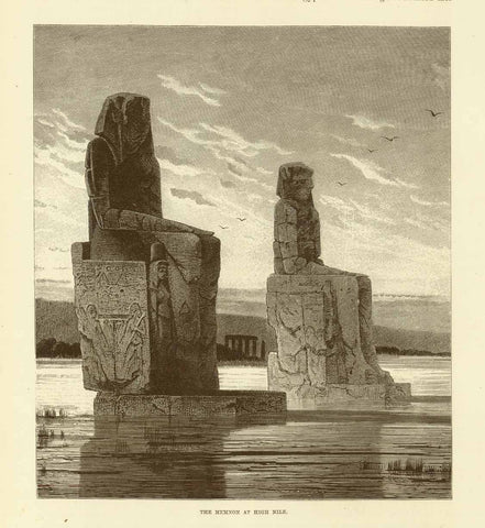 "The Memnon at High Nile"  Wood engraving published 1895. On the reverse side is an image of Amenophis IV.