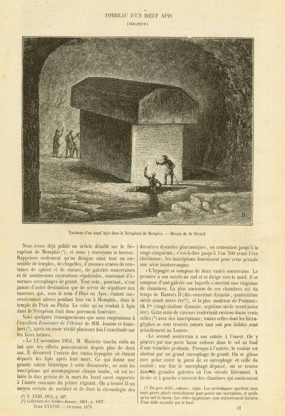"Tombeau D'Un Boeuf Apis" (Serapeum) "Tombeau d'un boeuf Apis dans la Serapeum de Memphis"  Burial place of sacred bulls in Memphis.  Wood engraving with a page of text published 1870.