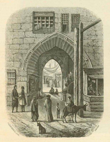 "Le Bazar du Caire, Costumes Egyptiens" "Porte du Khan Kalil (bazar) du Caire"  Wood engraving dated 1859. Below the image and on the  reverse side is text (in French) about the Khan Kalil Bazar in Cairo.