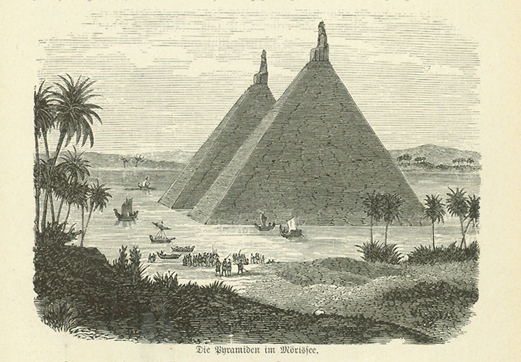 "Die Pyramiden im Moerissee"  Wood engraving on a page of text about early Egyptian exploration.