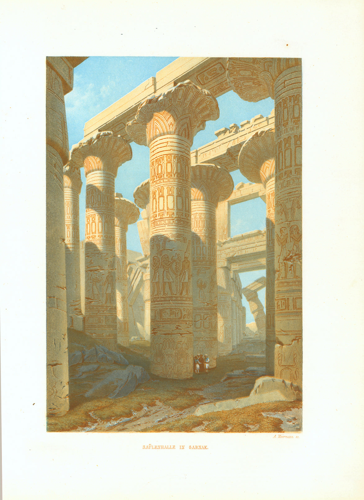 "Saeuelenhalle in Carnak"  Original antique print   Chromolithograph by A. Meermann published 1861. Karnak, Ägypten, Archäologie