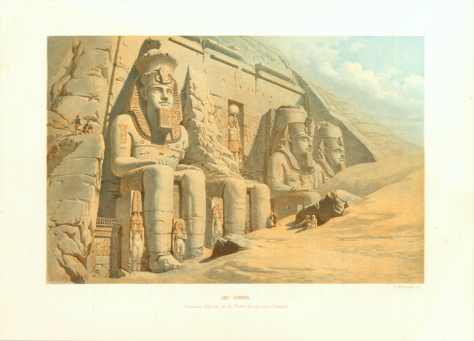 "Abu Sibmel"  Original antique print   "Colossel Figuren an der Fronte des grossen Tempels"  Lithograph by A. Meermann published 1861. Fine condition.