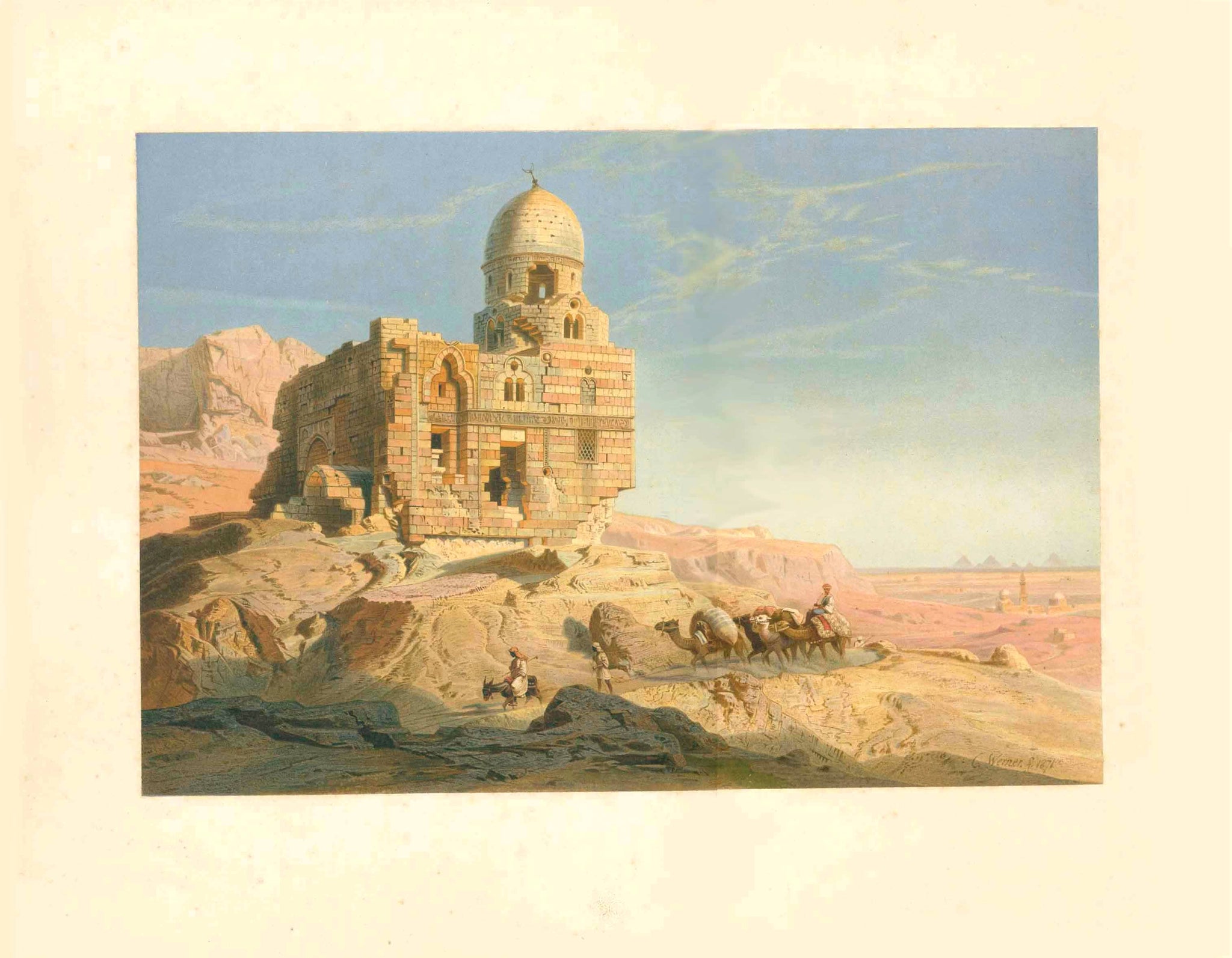 Cairo. - "Die Chalifengraeber von Cairo"  Chromo lithograph after the painting by Carl Werner (1808-1894)  Published in: "Nilbilder" Views along the river Nile  Published by Artistische Anstalt Gustav W. Seitz  Wandsbeck bei Hamburg, 1871, interior design, wall decoration, ideas, idea, gift ideas, present, vintage, charming, special, decoration, home interior, living room design