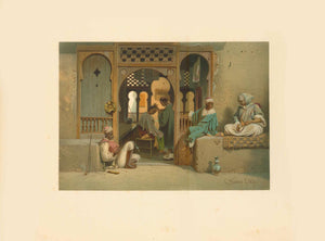 Achmim. - "Barbirladen in Achmim" (Title on accompanying text page)  Chromo lithograph after the painting by Carl Werner (1808-1894)  Published in: "Nilbilder" Views along the river Nile  Published by Artistische Anstalt Gustav W. Seitz  Wandsbeck bei Hamburg, 1871, interior design, wall decoration, ideas, idea, gift ideas, present, vintage, charming, special, decoration, home interior, living room design