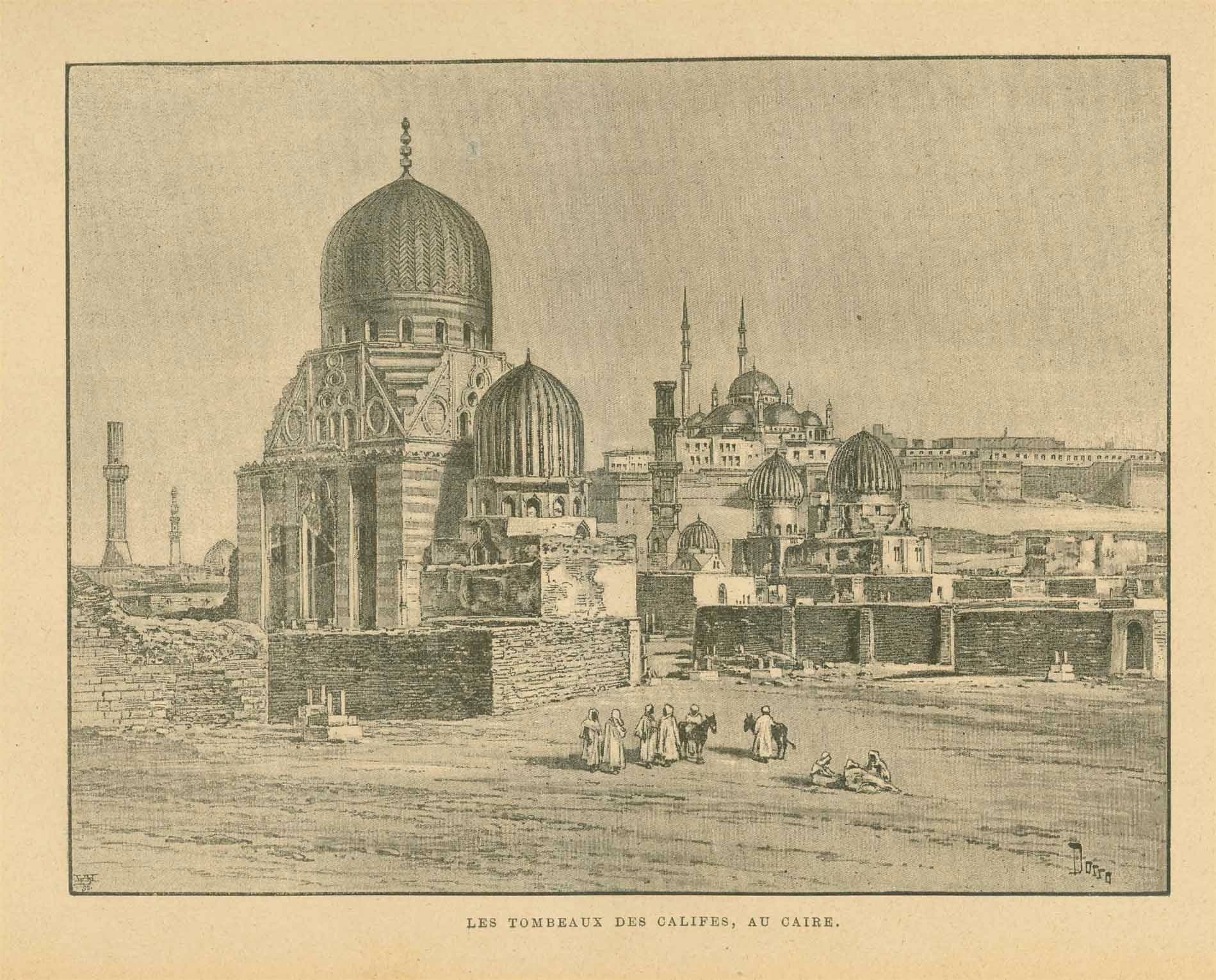 "Le Tombeaux des Califes, Au Caire"  Zincograph published ca 1890.  Original antique print    On the reverse side is text about North Africa.