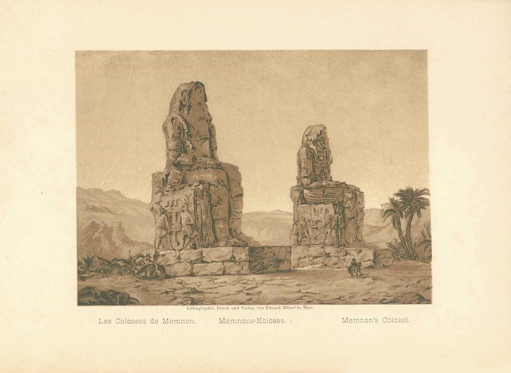 "Les Colosses de Memnon. Memnones-Kolosse, Memnon's Colossi."  Anonymous lithograph printed in a very pleasant sepia tone. Published 1889.  Original antique print  