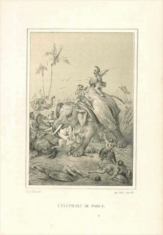 "L'Elephant de Porus"  Toned lithograph after Viktor Adam published 1884.  This image shows a scene from the battle between Alexander the Great and King Porus of India on the Hydaspes River in 326. It was the last battle of Alexander.
