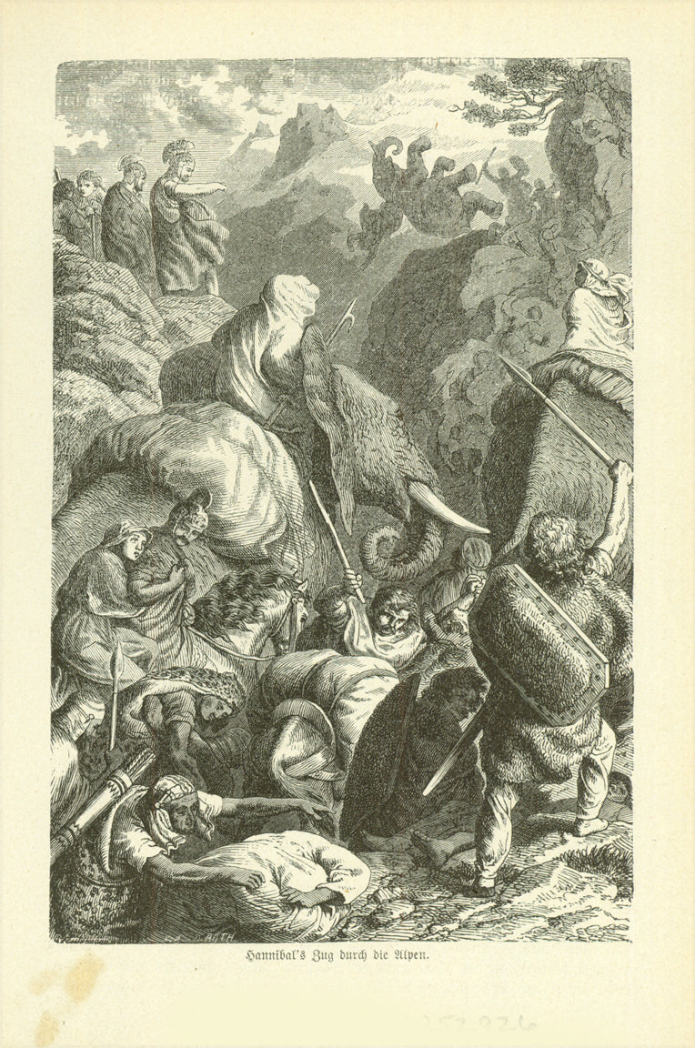 "Hannibal's Zug durch die Alpen" (Hannibal crossing the Alps with elephants)  Wood engraving published 1881. On the reverse side is text about the Celts and Alps.