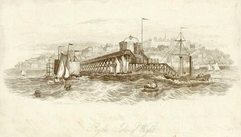 England, "Ryde, Isle of Wight"  Line lithograph published ca 1870. Mounted on beige paper. Print has two vertical folds to fit original book size.