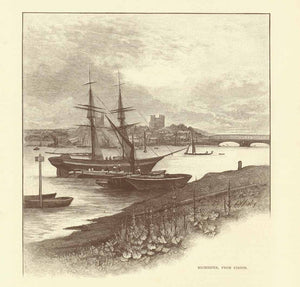 "Rochester, From Strood"  Wood engraving 1895. Reverse side is printed with text about the Lower Medway.