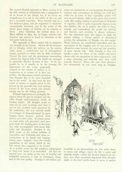 "Sally Port Rushen Castle"  ____________  "In Manxland"  Written by Rimbault Dibdin. Illustrated by Herbert Ralton.  Three separate pages with text and engraved drawings about the Island of Man. The last part of the text is missing.  Published 1895.