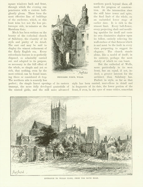 "The Closes of Salisbury and Wells"  3-page article by Alexander Ansted, published 1895.  There are 12 wood engraving-images of various closes of Salisbury and Wells.