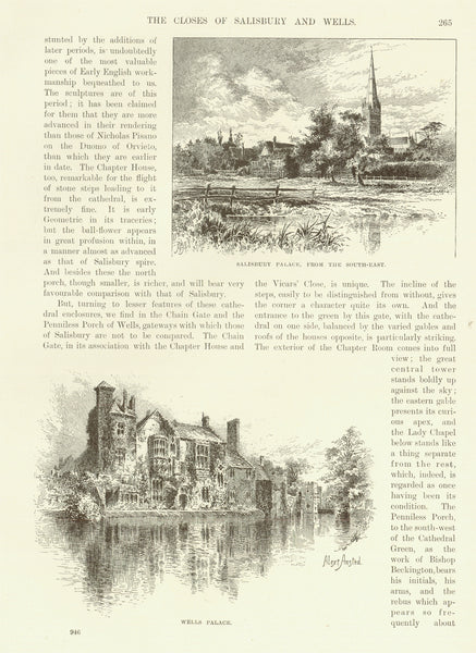 "The Closes of Salisbury and Wells"  3-page article by Alexander Ansted, published 1895.  There are 12 wood engraving-images of various closes of Salisbury and Wells.