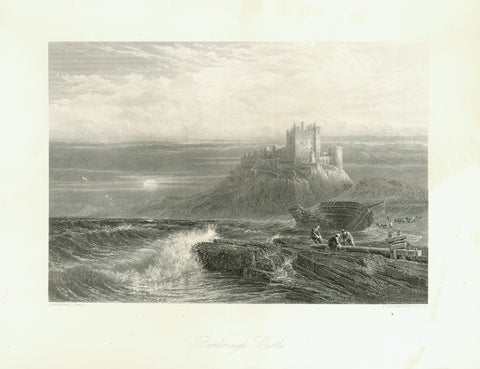 "Bamborough Castle"  Fine steel engraving by S. Bradshaw after a painting by J. Mogford ca 1850.
