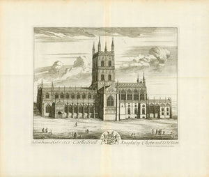 Gloucester. - "Gloster Cathedrall Knightly Chetwood D.D. Dean"  Copper etching by John Kip  Published in "Britannia Illustrata"  Publisher Joseph Smith  London, 1724  Original antique print , Gloucestershire, cathedral city