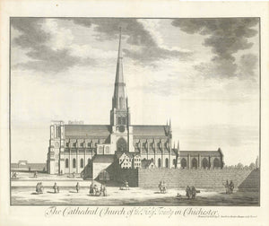 Chichester. - "The Cathedral Church of the Holy Trinity in Chichester"  Anonymous copper etching.  Published in "Britannia Illustrata"  Publisher Joseph Smith  London, 1724  Original antique print 