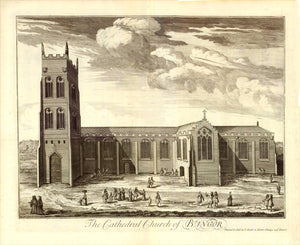 Bangor, Wales. - "The Cathedral Church of Bangor"  Anonymous copper etching.  Published in "Britannia Illustrata"  Publisher Joseph Smith  London, 1724  Original antique print 