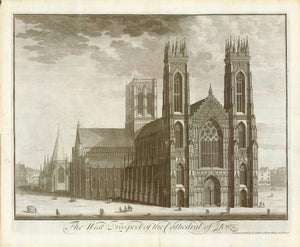 York. - "The West Prospect of the Cathedral of York"  Anonymous copper etching.  Published in "Britannia Illustrata"  Publisher Joseph Smith  London, 1724  Original antique print 