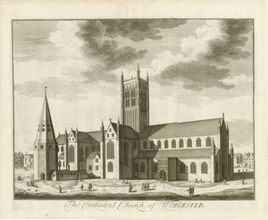 Worcester, West Midlands. - "The Cathedral Church of Worcester"  Anonymous copper etching.  Published in "Britannia Illustrata"  Publisher Joseph Smith  London, 1724  Original antique print 