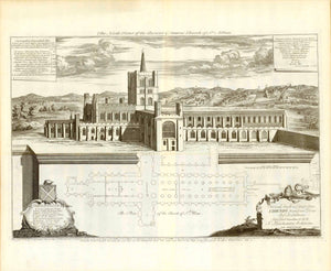 St. Alban, Herfordshire. - "The North Front of the Ancient and Famous Church of St. Alban"  Copper etching by John Kip  Side view of St. Alban originating in the year 793 and, below the view, Plan of the Church of St. Alban.  Dedication to Edmund, Bishop in London by the famous architect Nicolas Hawksmoor (1661-1736)  Dated 1723  Published in "Britannia Illustrata"  Publisher Joseph Smith  London, 1724  Original antique print 