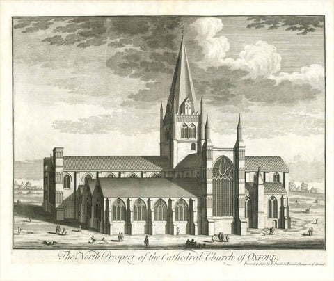 Oxford. - "The North Prospect of the Cathedral Church of Oxford"  Anonymous copper etching.  Published in "Britannia Illustrata"  Publisher Joseph Smith  London, 1724  Original antique print 