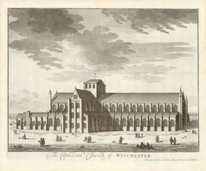 Winchester. - "The Cathedral Church of Winchester"  Anonymous copper etching.  Published in "Britannia Illustrata"  Publisher Joseph Smith  London, 1724  Original antique print 