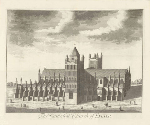Exeter. - "The Cathedral Church of Exeter"  Anonymous copper etching.  Published in "Britannia Illustrata"  Publisher Joseph Smith  London, 1724  Original antique print , gift idea