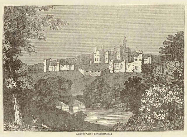 "Almwick Castle, Northcumberland"  Wood engraving dated 1836.  Original antique print 