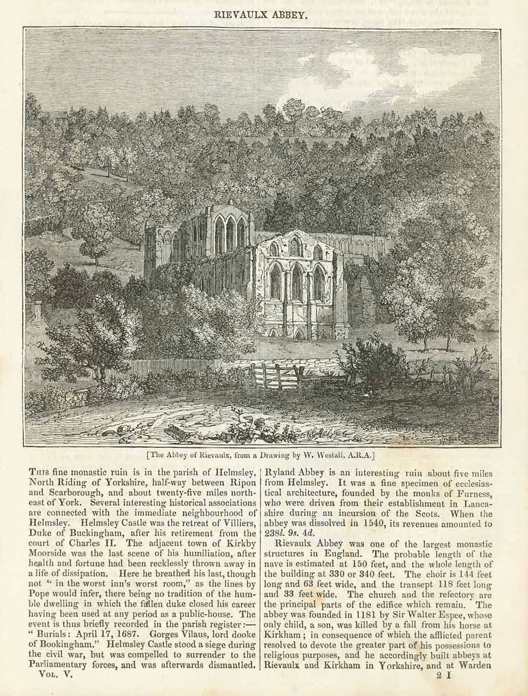 "The Abbey of Rievaulx, from a drawing by W. Westall, A.R.A."  Wood engraving and article published 1836. Text about Rievaulx Abbey continues on the reverse side.  Original antique print  